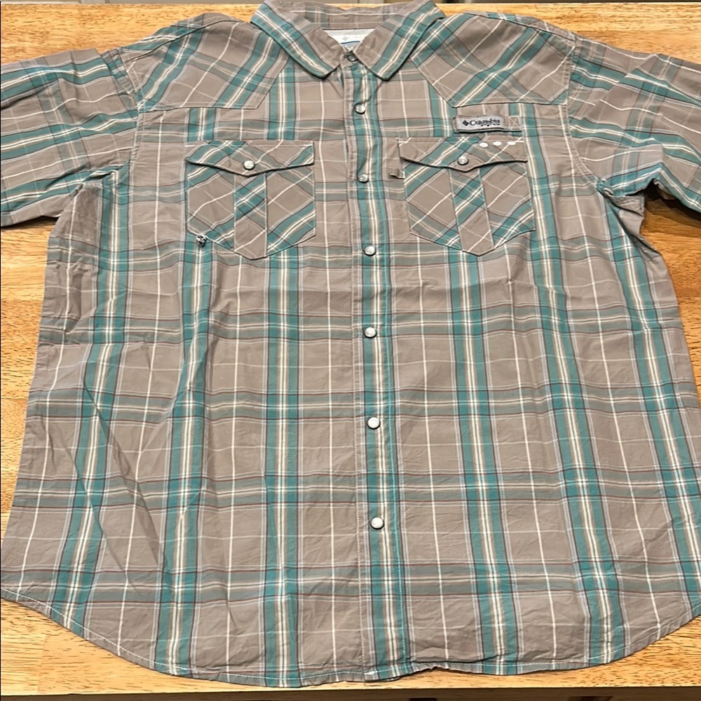 Columbia PFG Men's Casual Plaid Shirt - Gray and Teal